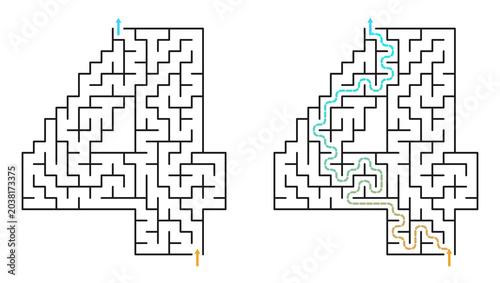Obraz na płótnie Numbers 4 maze for kids activity with paths and vibrant colors