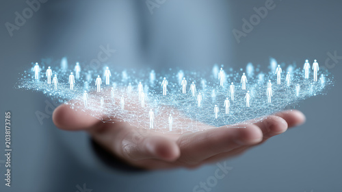 Hand holding connected people icons above a digital network, symbolizing social connection and community management
