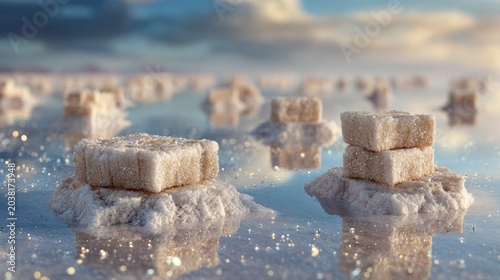 Otherworldly Salt Flat Scene with Irregular Hexagonal Crystal Formations at Sunset