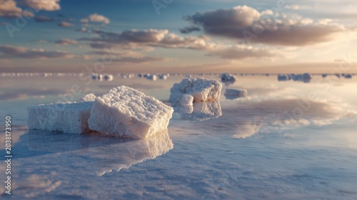 Otherworldly icy landscape with floating icebergs under colorful sky