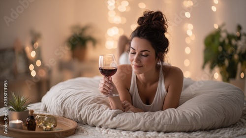Relaxed woman lying comfortably on bed holding glass of red wine in cozy lit room