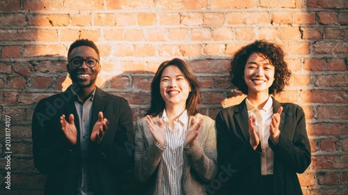 Diverse Group of Business Casual Employees Standing and Clapping in Front of Brick Wall