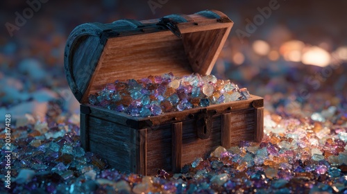 Wooden Treasure Chest Filled with Colorful Vouchers and Bright Light Atmosphere