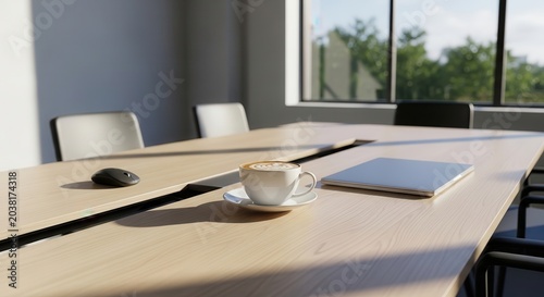Modern Conference Room with Coffee and Laptop on Table.