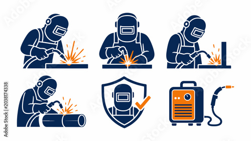 Professional welding service icons featuring industrial metalwork safety equipment and workers in protective gear