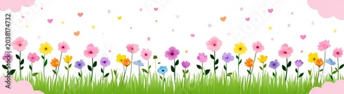 Whimsical Spring Flower and Grass Border with Hearts and Stars on White Background