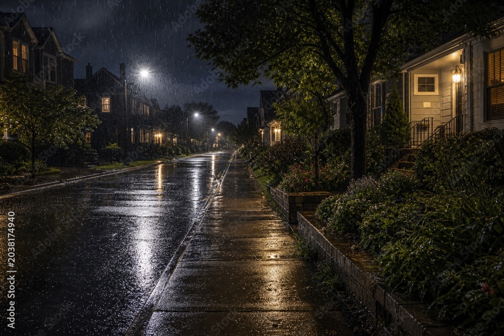Obraz premium Quiet Residential Street In Heavy Night Rain
