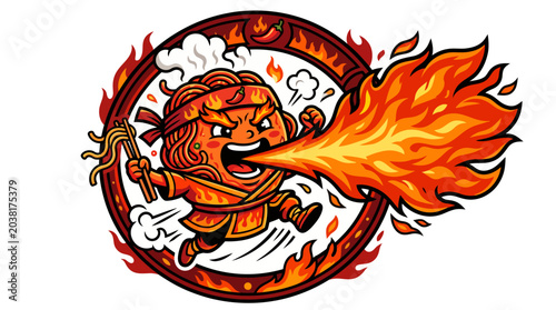Fiery spicy noodle character breathing flames