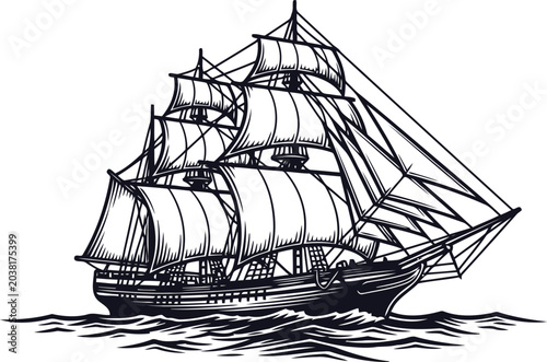 Fotografi Three-masted sailing ship with full sails navigating choppy waters during daytim