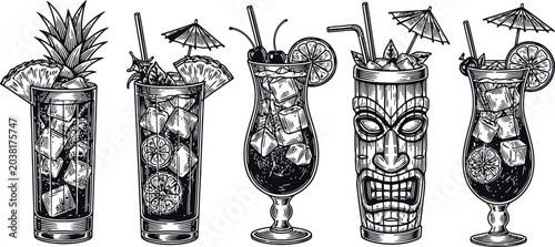 Canvastavla Tropical cocktails in a row with garnishes during summer drinks
