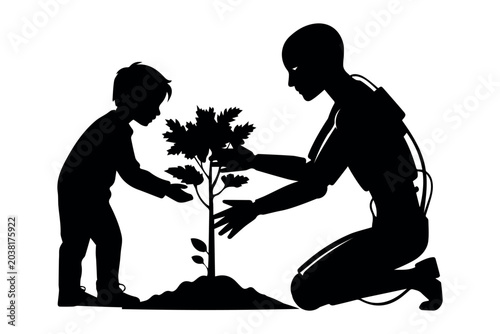 silhouette illustration of a humanoid robot teaching a child to plant a tree. Clean futuristic environmental design isolated on transparent background.