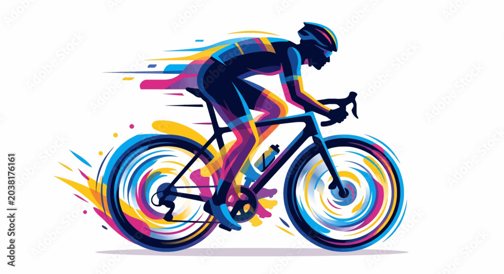 Fototapeta premium Abstract illustration of a professional cyclist racing at high speed with colorful motion effects and vibrant geometric shapes