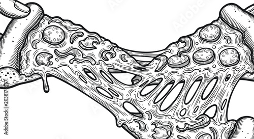 Tableau sur toile Two hands pulling apart cheesy pizza slices with gooey mozzarella stretching in