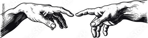 Фотография Two hands reaching towards each other in classic illustration style symbolizing