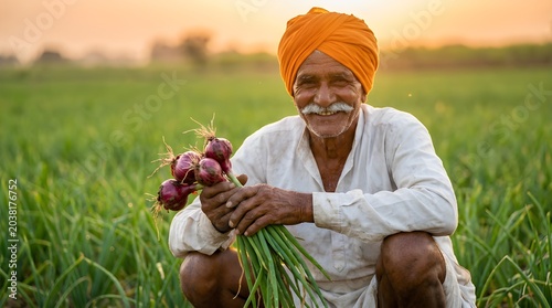 Smiling Indian Farmer Holding Fresh Organic Onions in Green Field