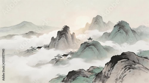 Classical chinese ink painting of green mountains