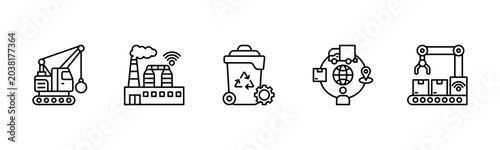 Connected Industrial Intelligence Ecosystem icon line illustration. Heavy Equipment, Industrial IoT, Waste Management, Logistics and Distribution and Smart Manufacturing