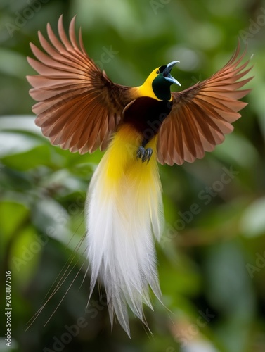 Vibrant Bird of Paradise in Mid-Flight with Wings Spread and Beak Open Against Green Background