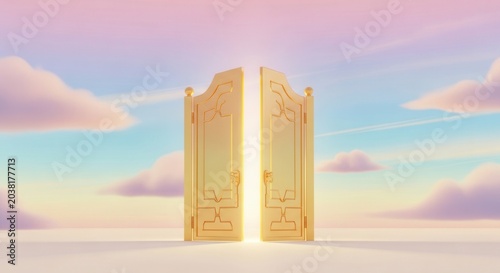 Golden Gates of Heaven Open to Bright Light in a Dreamy Sky.