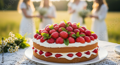 Delicious strawberry shortcake with fresh berries and mint leaves.