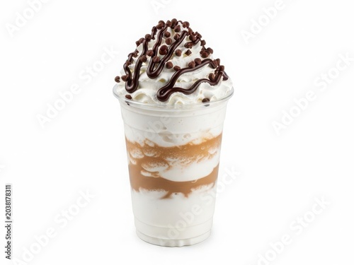 Delicious layered dessert in a cup with whipped cream and chocolate drizzle