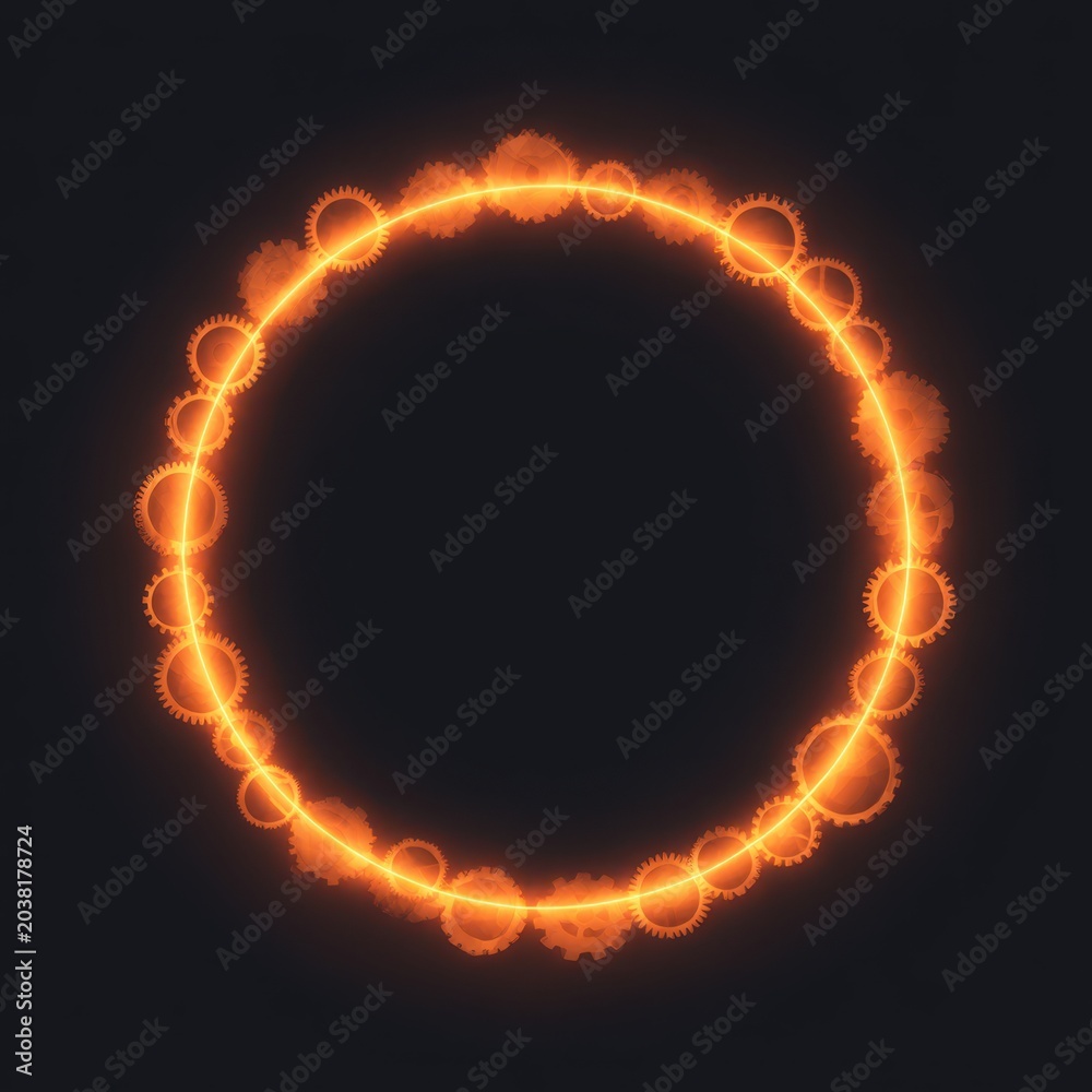 Fototapeta premium An orange circular pattern with gears on a dark background, evoking a steampunk aesthetic.