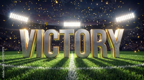 3d metallic victory text on a stadium football field with confetti