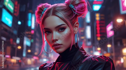 A futuristic beauty portrait of a woman with colorful space buns hairstyle in a cyber aesthetic city at night.