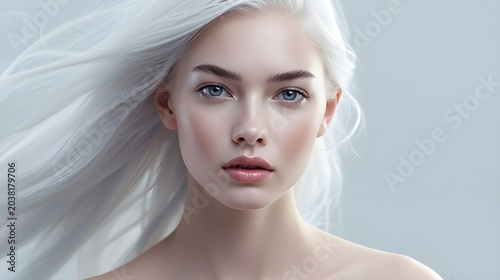 A beautiful woman with long white hair and blue eyes poses elegantly in a fantasy setting with hairstyle braids and floral accessories.