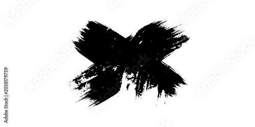 Photos A bold black brush stroke in an X shape creates a graphic symbol of negation or error, with a textured, hand-painted aesthetic