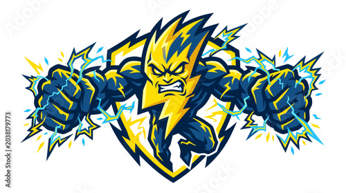 Powerful lightning superhero mascot with electrical energy