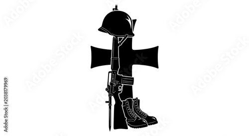 Foto Military helmet rifle boots and cross symbol in black and white silhouette for w