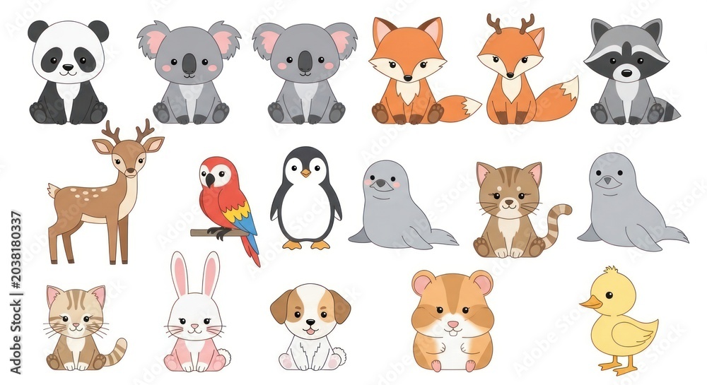 Fototapeta premium Collection of various cartoon animals in a flat illustration style