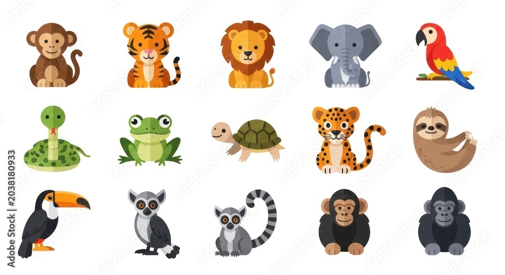 Obraz premium Collection of various cartoon animal illustrations isolated on white background