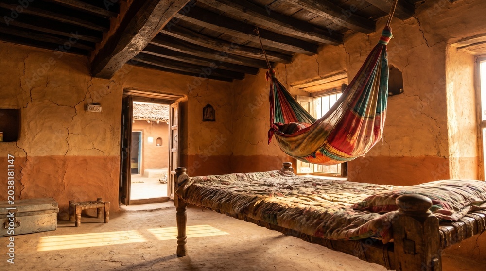 Fototapeta premium Rustic Mud House Bedroom Interior with Traditional Hammock