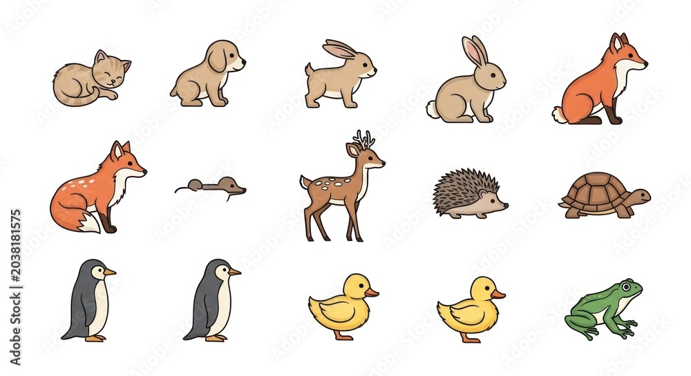 Obraz premium Set of various cartoon animals cat dog rabbit fox deer and more