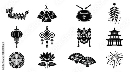 Obraz na plátně Collection of chinese cultural vector icons featuring pagoda architecture and food items