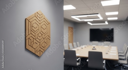 Modern Conference Room with Geometric Wall Art Decoration.