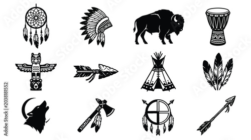 Obraz na płótnie Set of twelve native american tribal graphics featuring animals weapons and home dwellings