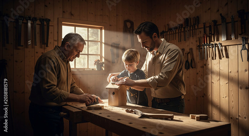 Grandfather father and son bonding over woodworking in a sunlit workshop.
