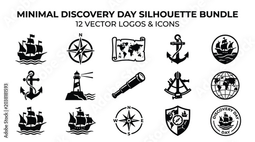 Fotografía Minimal discovery day silhouette bundle 12 vector logos and icons on white