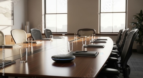 Modern Conference Room with Large Oval Table and Chairs Ready for Meeting.