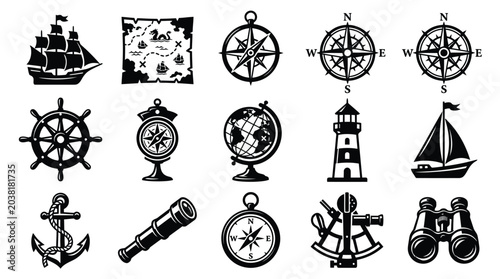 Canvas-taulu Exploration theme icon set with nautical equipment and vintage maritime travel symbols