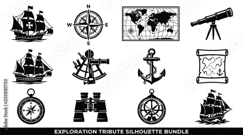 Fotografie Exploration tribute silhouette bundle featuring maritime travel and navigational tools
