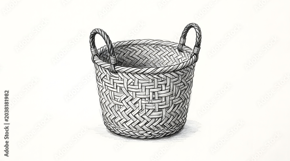 Obraz premium Grayscale Hand-Drawn Woven Basket Illustration with Handles