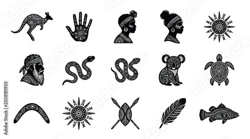 Obraz na płótnie Collection of black silhouettes featuring aboriginal australian cultural art motifs set