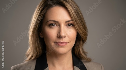 Confident businesswoman wearing a grey blazer looks at the camera in a professional studio creative design image