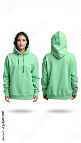 Front and back view of a person wearing a mint hoodie