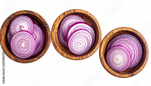 Three bowls of sliced red onion on a white background