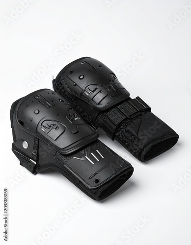 Black protective elbow pads, angled on white backdrop